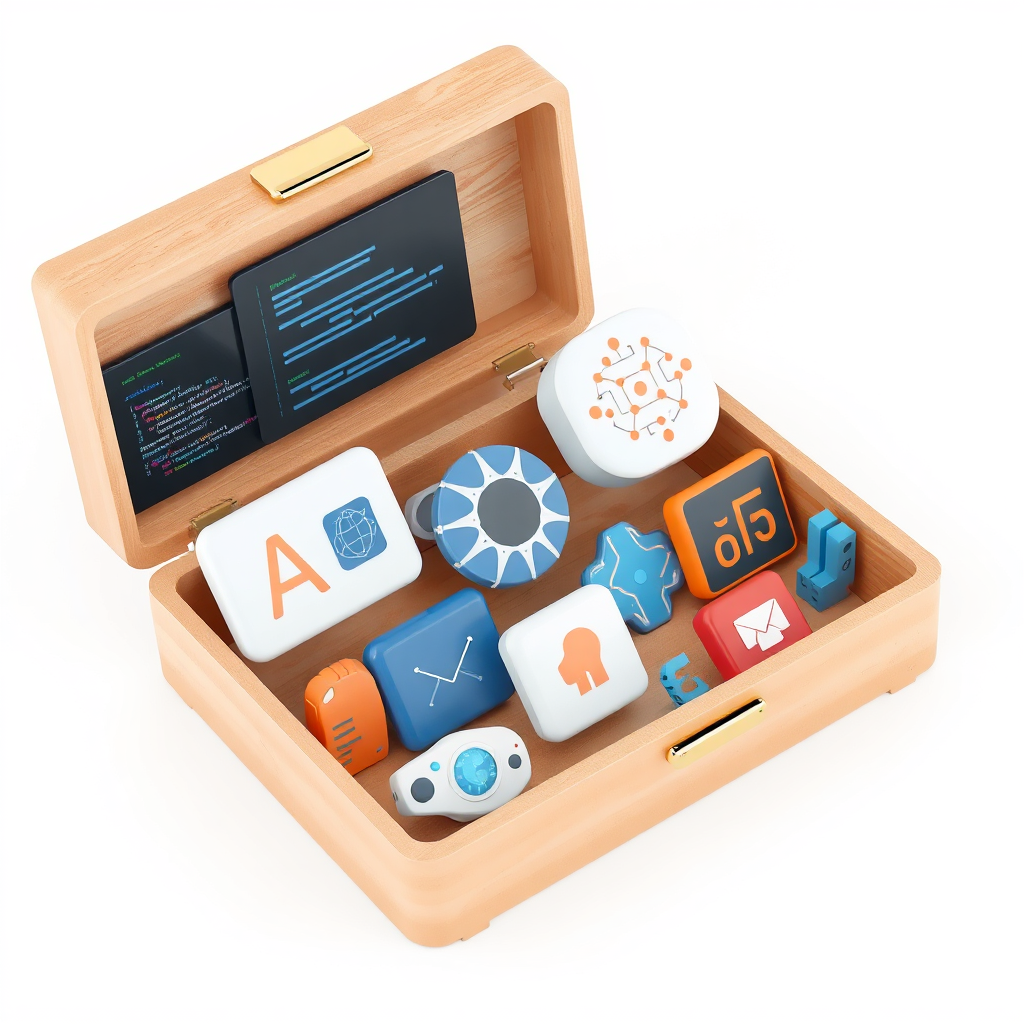 A neatly organized toolbox containing various AI-related icons (code snippets, neural networks, data streams). Use a clean, minimalist style. 4K resolution, photorealistic rendering.