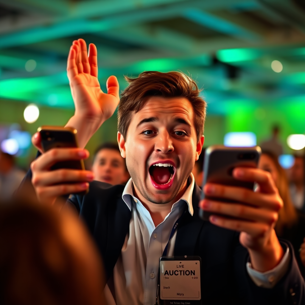 A person eagerly bidding on an item through their mobile device during a live auction, showing a mix of excitement and anticipation. Style: Energetic and immersive.