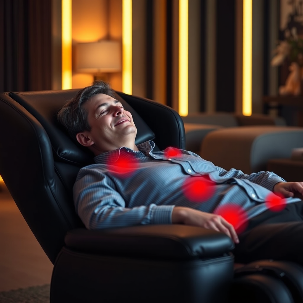 A person relaxing in a Top Executive Chair with zero-gravity recline and heat therapy features. The chair is set in a dimly lit room with soft, ambient lighting to enhance the feeling of tranquility. The individual should appear completely relaxed, with their eyes closed and a serene expression on their face. Focus on the details of the chair, such as the smooth recline, the heated zones, and the overall ergonomic design. The image should convey a sense of deep relaxation, comfort, and stress relief. Pulling images from https://massagechairwarehouse.com/.