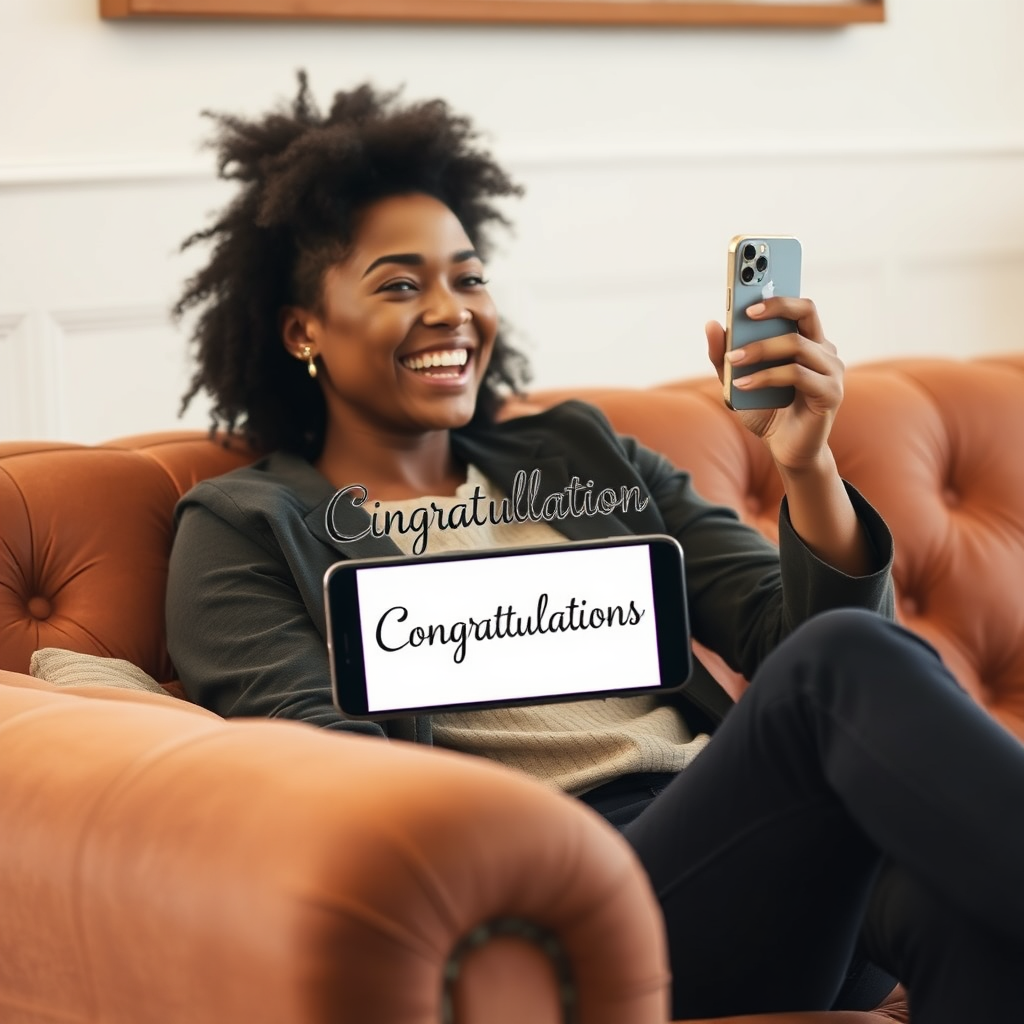 A person sitting on a luxurious couch holding up their phone, as they smile with a gleeful expression. There's a congratulations banner on the screen. Style: Excited and triumphant.