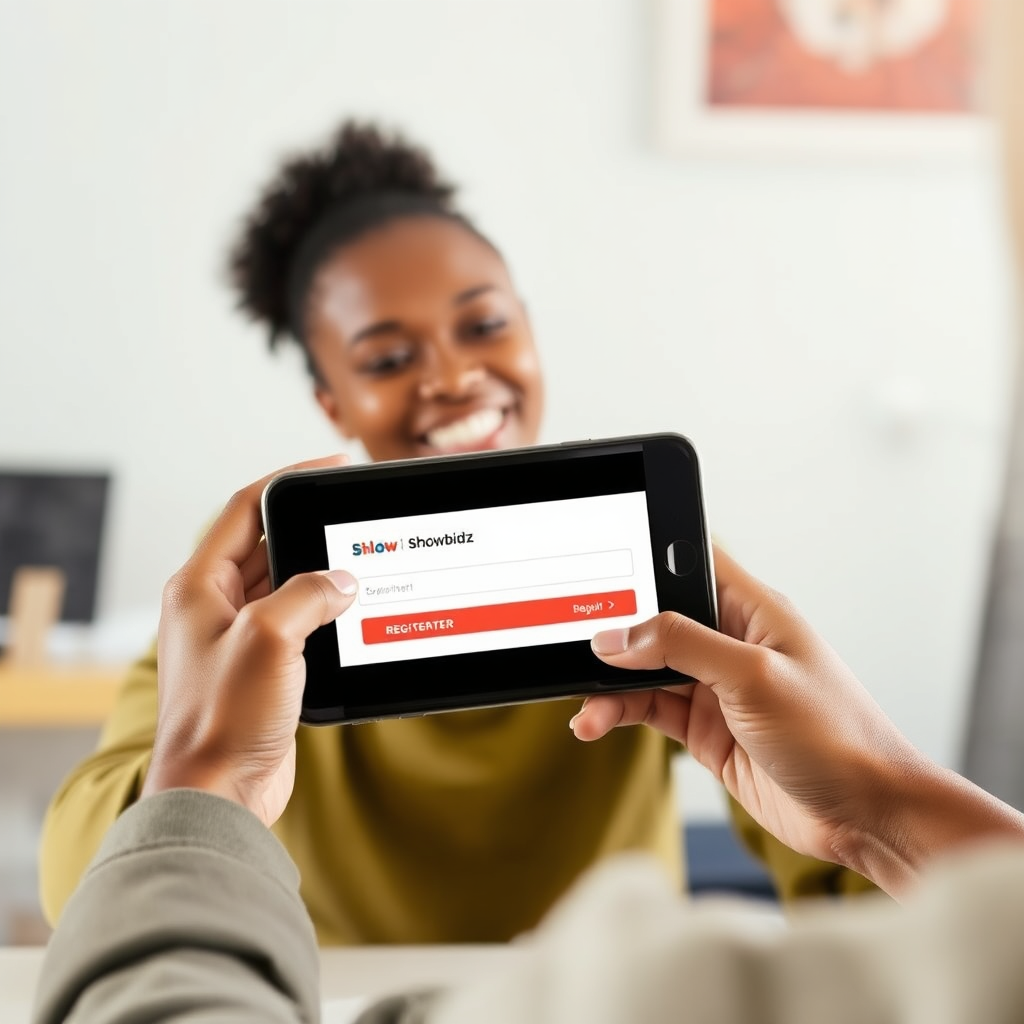 A person smiling and registering on ShowBidz through their phone, tablet, or computer, as they become a part of the ShowBidz community. Style: Joyful and inclusive.