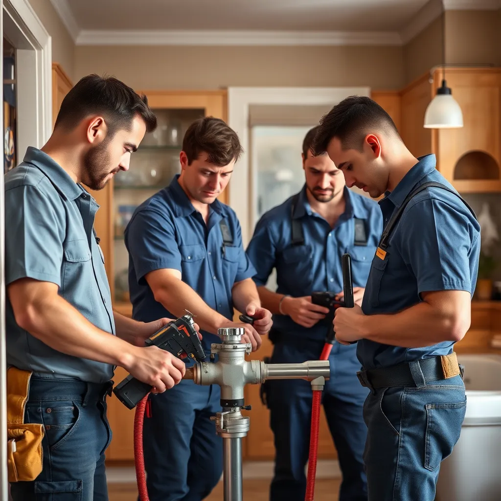 A photo of a team of skilled plumbers working efficiently on a repiping project in a home. The plumbers are wearing clean uniforms and are using state-of-the-art tools and equipment. The image should focus on the smooth and organized workflow, emphasizing the minimal disruption caused during the installation process. The background should be a typical residential space, such as a kitchen or bathroom, with a warm and inviting feel.