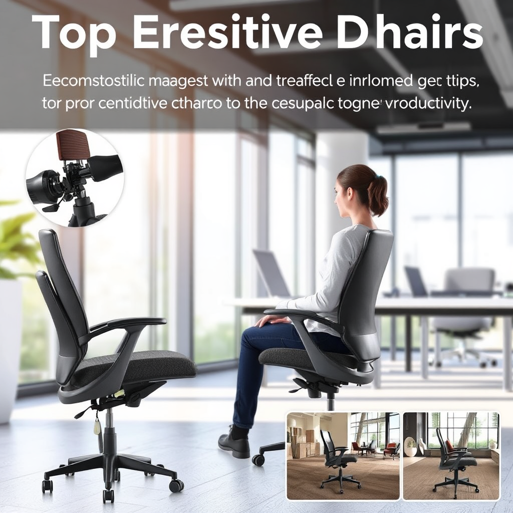 A photograph showcasing the ergonomic design of a Top Executive Chair. The chair should be positioned to highlight its adjustable headrest, lumbar support, and contoured seat. The background should be a modern office setting with natural light streaming in. An individual should be seated in the chair, demonstrating proper posture and comfort. The image should convey a sense of support, well-being, and productivity, emphasizing the chair's ability to enhance the user's work experience. Pulling images from https://massagechairwarehouse.com/.