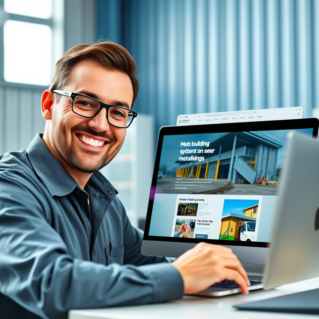A photorealistic 4k image featuring a website administrator easily updating content on a metal building website through a user-friendly content management system (CMS) interface. The CMS interface should be clean, intuitive, and feature drag-and-drop functionality. The administrator is smiling and appears confident. The color palette should be bright and modern, with a focus on blues, greens, and yellows. The camera angle should be a close-up shot, highlighting the CMS interface and the ease of updating content. The overall texture should be smooth and polished, conveying a sense of efficiency and user-friendliness.