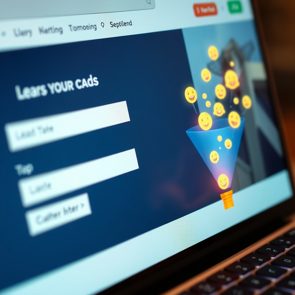 A photorealistic 4k image featuring a visually appealing lead generation form on a metal building website. The form should be clean, concise, and easy to fill out. Next to the form, there should be a subtle, animated visual of leads (represented by glowing dots) flowing into a funnel and transforming into customers (represented by smiling faces). The color palette should be warm and inviting, with a focus on blues, greens, and yellows. The camera angle should be a close-up shot, highlighting the lead generation form and the visual representation of lead conversion. The overall texture should be smooth and polished, conveying a sense of efficiency and effectiveness.