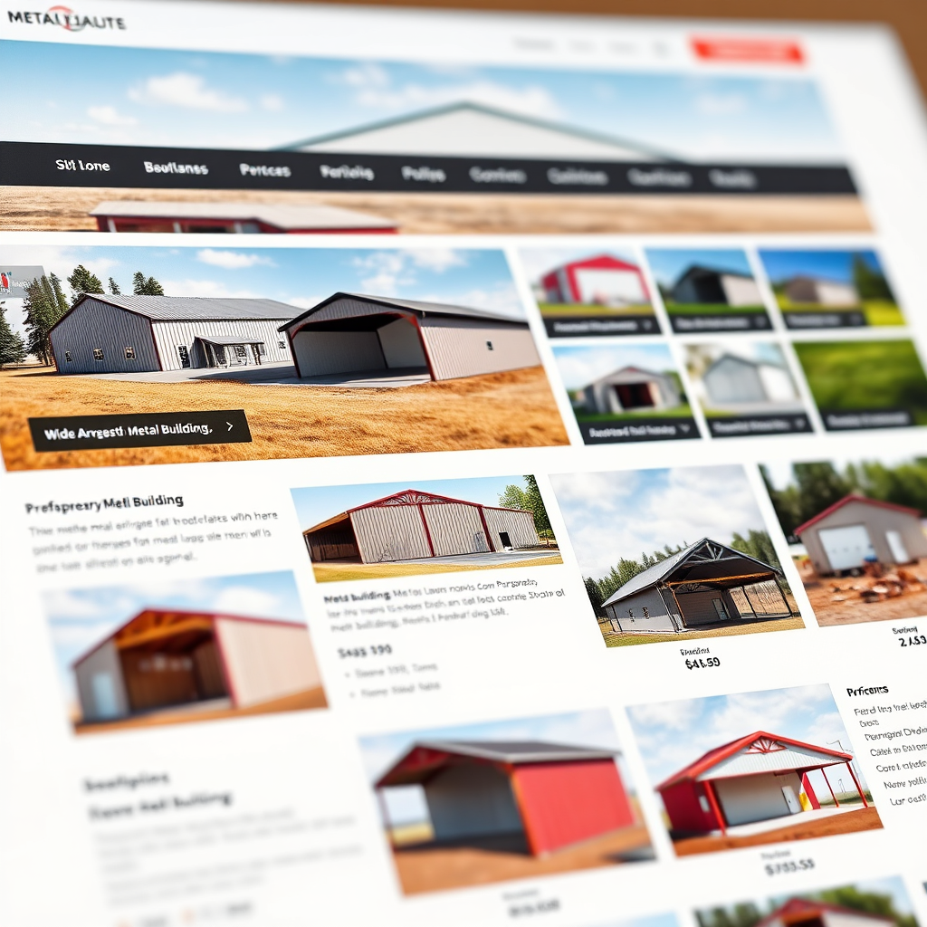 A photorealistic 4k image featuring a beautifully designed webpage displaying a wide array of prefab metal building options. The webpage includes high-resolution photographs of each building, along with detailed descriptions, specifications, and pricing. The layout is clean and intuitive, allowing visitors to easily browse and compare different models. The color scheme is professional and inviting, with a focus on showcasing the quality and versatility of the metal buildings. The camera angle is a close-up shot, highlighting the details of the webpage and the metal buildings. The overall texture is crisp and clear, conveying a sense of professionalism and attention to detail.