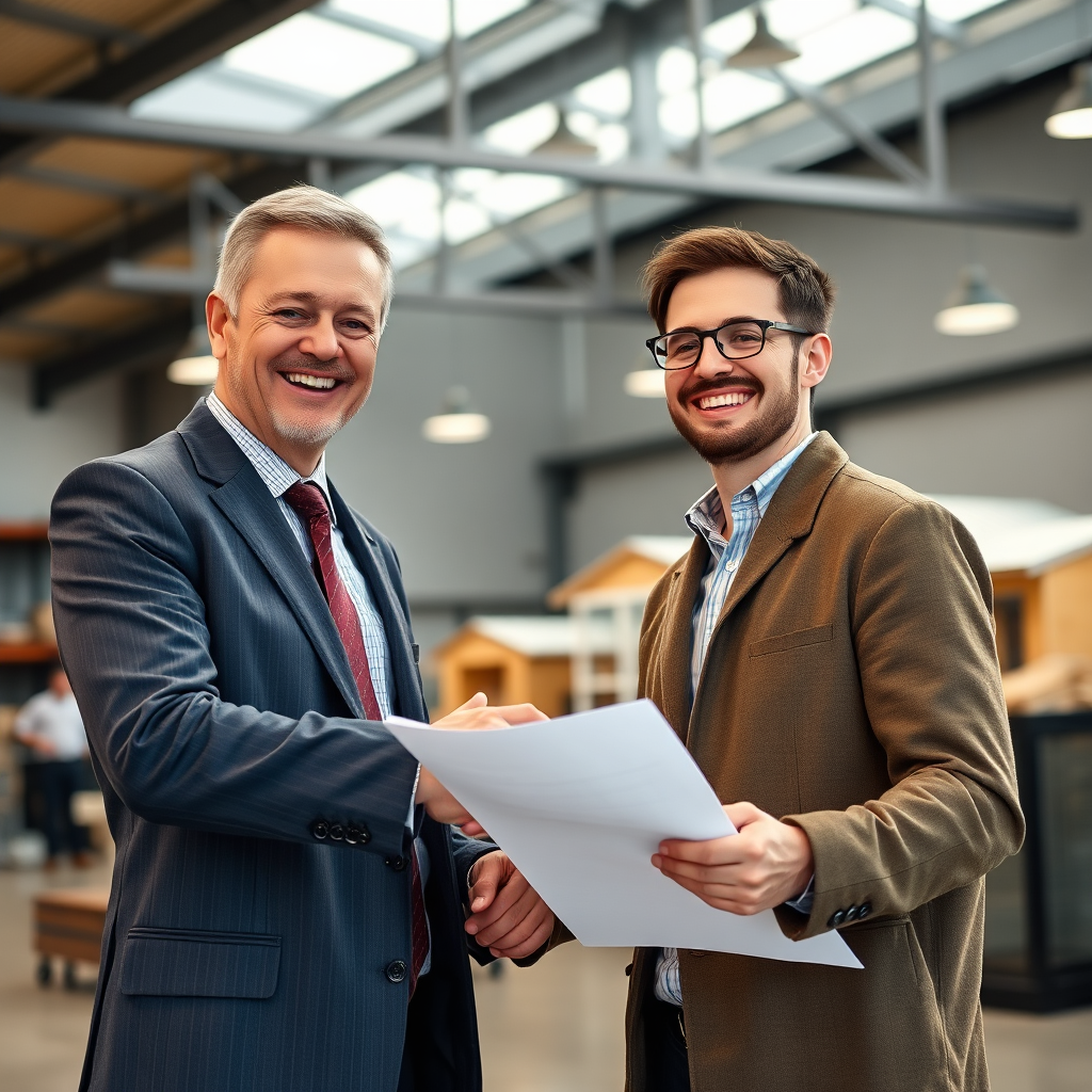 A photorealistic 4k image featuring a close-up of a confident businessman shaking hands with a satisfied customer in front of a modern metal building showroom. The businessman is wearing a professional suit, and the customer is smiling and holding a set of blueprints. The showroom is well-lit and features displays of various metal building models. The color scheme is warm and inviting, conveying a sense of trust and reliability. The camera angle is a medium shot, capturing the interaction between the businessman and the customer. The overall texture is sharp and detailed, emphasizing the professionalism and credibility of the business.