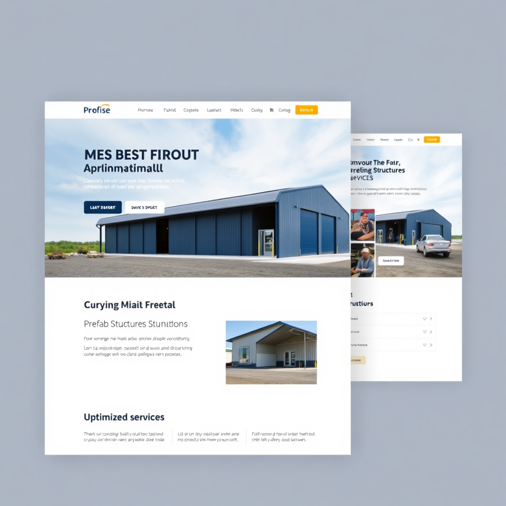 A photorealistic 4k image featuring a clean, modern website design for a metal building company, with a focus on showcasing prefab structures and services. The design should be visually appealing, user-friendly, and optimized for conversions. The color palette should be professional and inviting, with a focus on blues, grays, and whites. The camera angle should be a medium shot, capturing the entire website design. The overall texture should be crisp and clear, conveying a sense of professionalism and attention to detail.