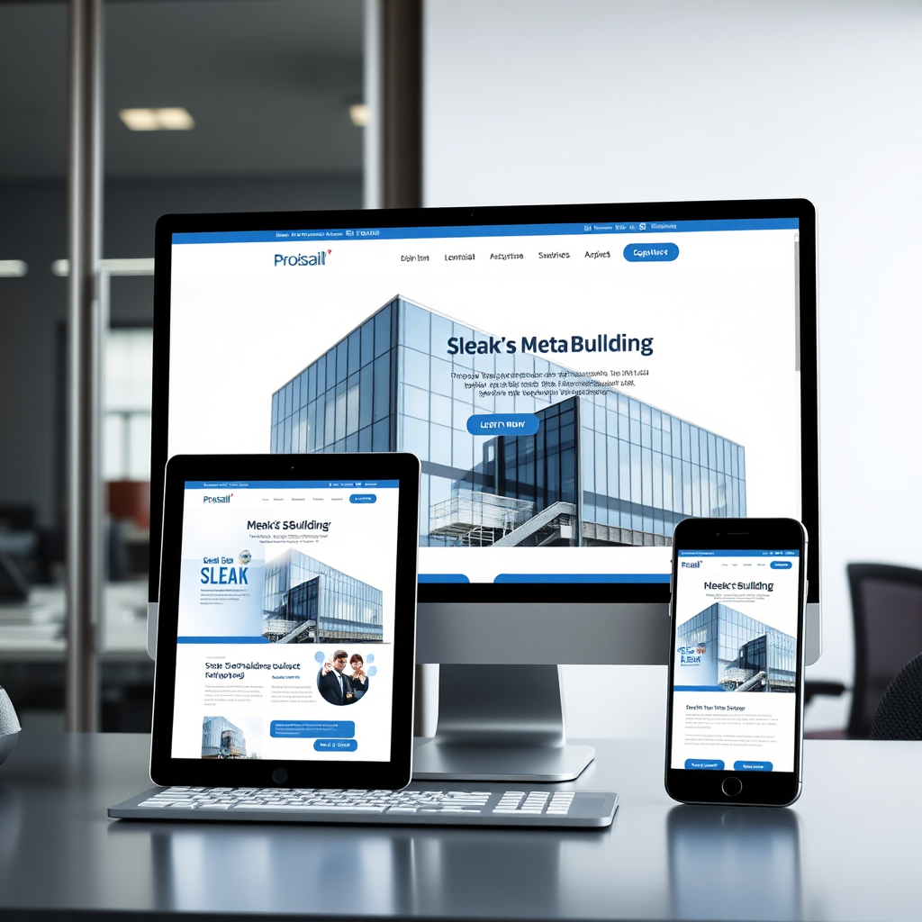 A photorealistic 4k image featuring a sleek, modern metal building website displayed simultaneously on a desktop computer, a tablet, and a smartphone. The website should adapt seamlessly to each screen size, showcasing its responsiveness. The background should be a clean, minimalist office setting. The color palette should be professional and inviting, with a focus on blues, grays, and whites. The camera angle should be a medium shot, capturing all three devices in clear detail. The overall texture should be crisp and clear, emphasizing the website's functionality and visual appeal across different platforms.