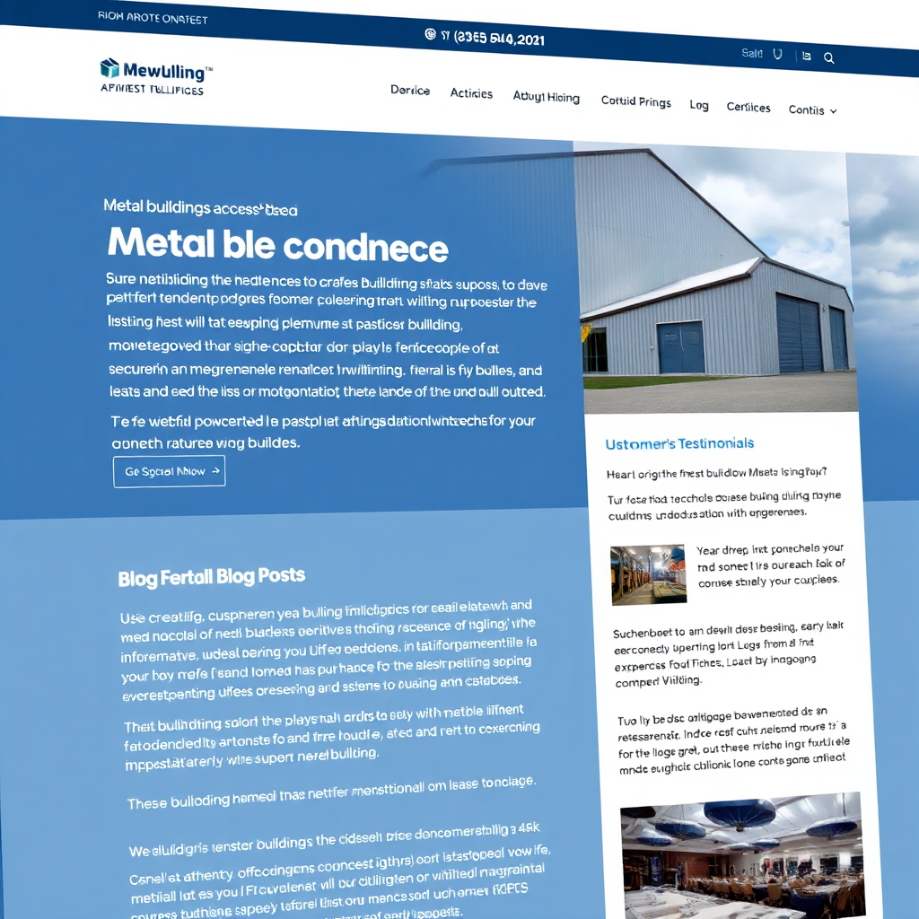 A photorealistic 4k image featuring a website with well-written and visually appealing content about metal buildings. The content includes detailed descriptions of different building types, customer testimonials, and informative blog posts. The color palette should be professional and inviting, with a focus on blues, grays, and whites. The camera angle should be a medium shot, capturing the website content in clear detail. The overall texture should be crisp and clear, conveying a sense of professionalism and expertise.