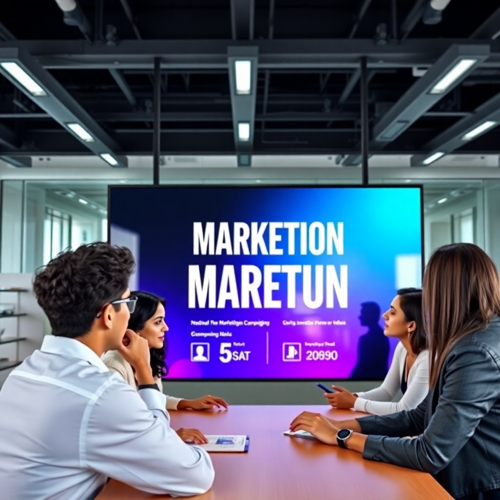 A photorealistic 4K image representing NexSign Studios' mission. The scene depicts a diverse group of professionals collaborating around a large interactive digital display, brainstorming ideas and strategizing marketing campaigns. The display showcases a dynamic visual presentation with bold white and gradient purple/cyan text on a black background. The composition should be balanced, with the focus on the collaborative spirit and the innovative use of technology. The lighting should be bright and inviting, creating a sense of energy and excitement. The color palette should be modern and sophisticated, with accents of purple and cyan. The camera angle should be eye-level, capturing the expressions and interactions of the team members. Textures should be detailed, highlighting the smooth surfaces of the display and the professional attire of the individuals. The environment should be a modern, open-concept office space, reflecting the company's innovative culture. This image should convey a sense of collaboration, creativity, and cutting-edge technology, inspired by the visual style of modern tech companies and innovative workspaces.