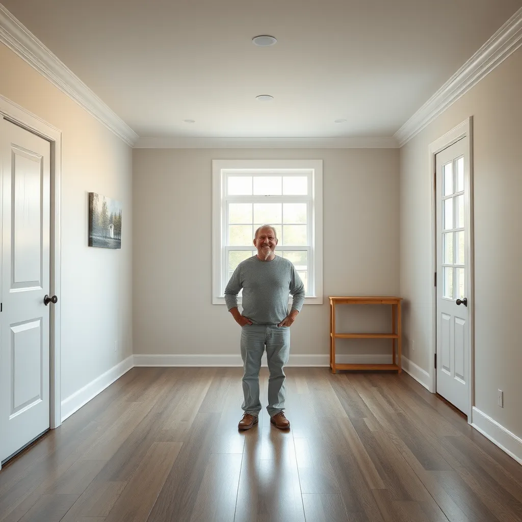 A photorealistic image of a completed repiping project in a home, with the homeowner standing in the middle of a perfectly clean and finished room, smiling with satisfaction. The image should convey a sense of peace and accomplishment, with no visible signs of disruption or construction.
