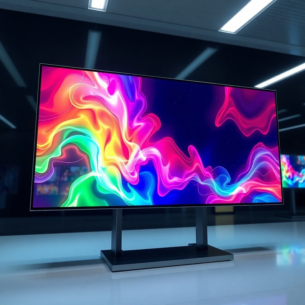 A photorealistic image of a cutting-edge digital display showcasing vibrant, dynamic content. The display should feature a seamless, borderless design and ultra-high resolution. The content should include a mix of video, animation, and interactive elements. The lighting should highlight the clarity and brilliance of the display. The background should be a sleek, modern environment.