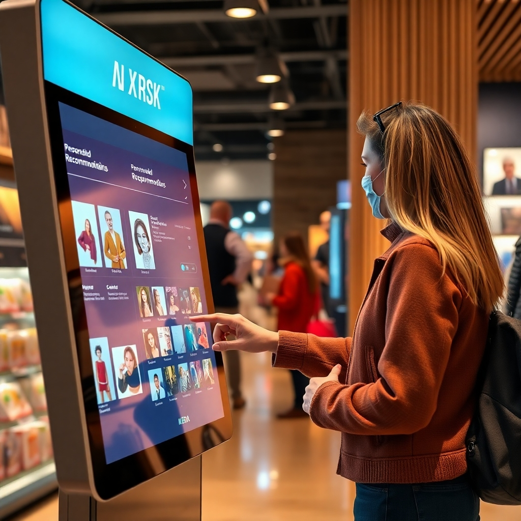 A photorealistic image of a customer interacting with a digital kiosk in a retail environment. The kiosk is providing product information and personalized recommendations. The lighting is warm and inviting, and the composition emphasizes the ease of use and helpfulness of the technology. Style: Modern, clean, and customer-centric. Technical specs: 4K resolution, high-quality textures, realistic lighting.