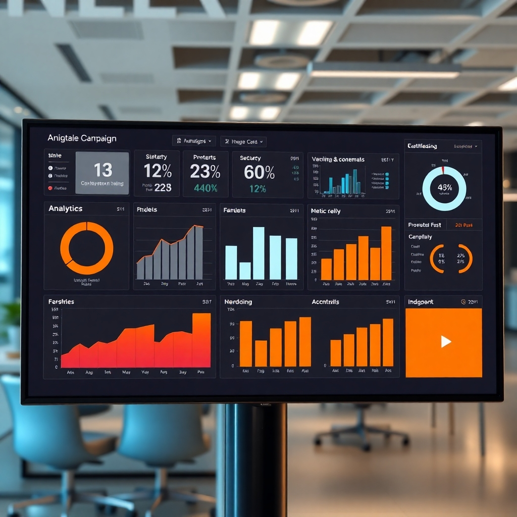 A photorealistic image of a dashboard displaying analytics and metrics related to a digital signage campaign. The dashboard should include charts, graphs, and key performance indicators (KPIs). The lighting should be professional and informative, highlighting the data and insights. The background should be a clean, modern office environment.