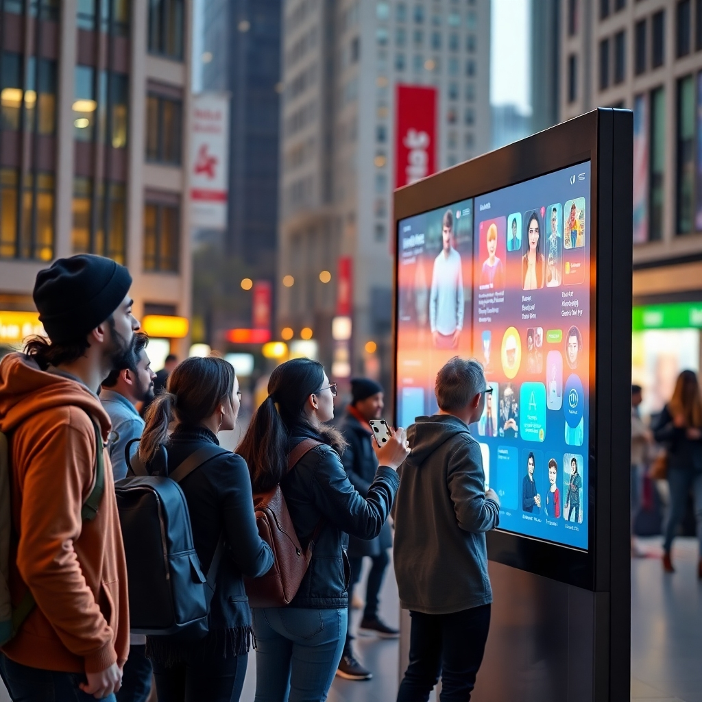 A photorealistic image of a diverse group of people interacting with a digital display in a public space. The display should be showcasing engaging content, such as interactive games, social media feeds, and informative visuals. The lighting should be warm and inviting, creating a sense of excitement and curiosity. The background should be a bustling urban environment.