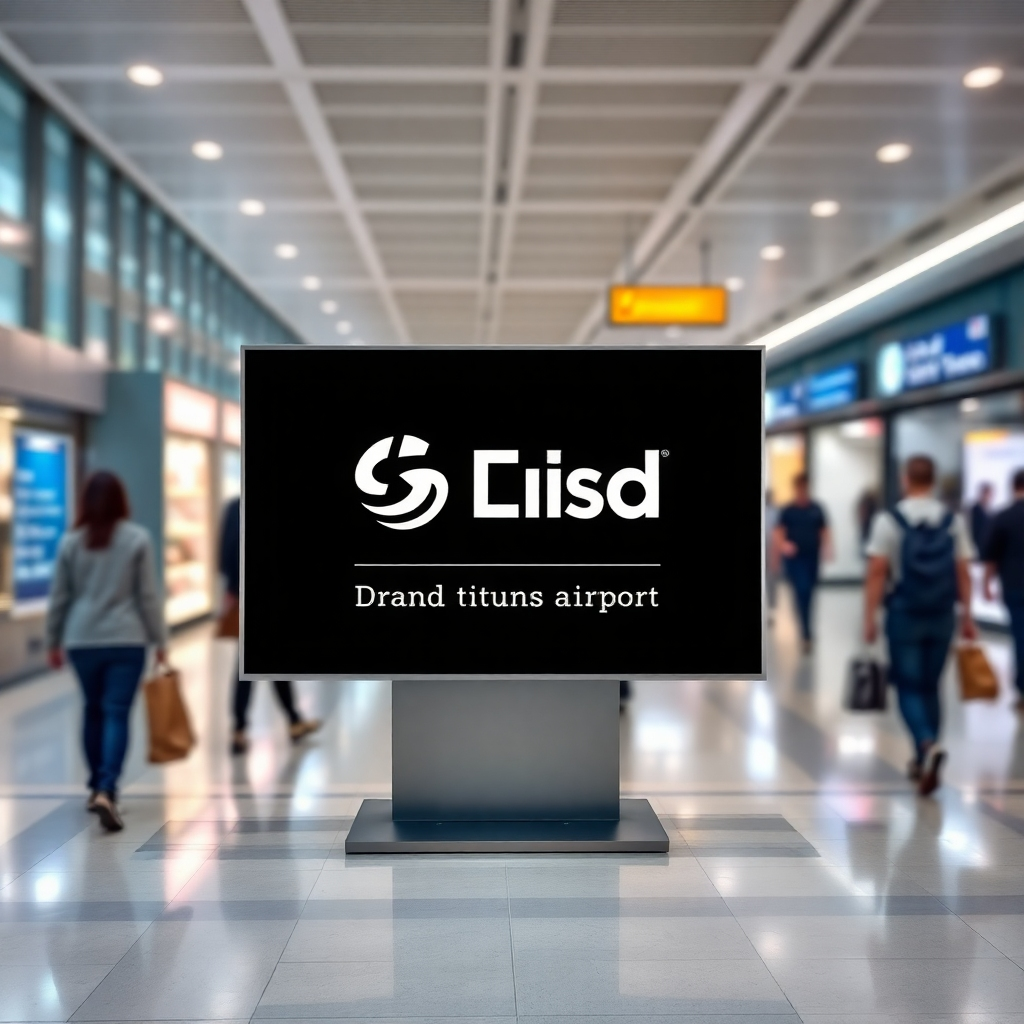 A photorealistic image of a digital display prominently featuring a brand logo and messaging. The display should be positioned in a high-traffic area, such as a shopping mall or airport. The lighting should be bright and attention-grabbing, ensuring maximum visibility. The background should be a blurred scene of people passing by.