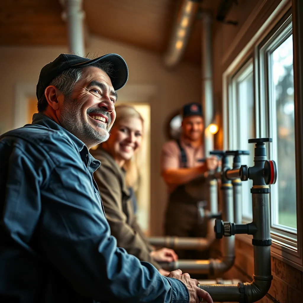 A photorealistic image of a happy homeowner smiling as they watch a team of plumbers efficiently repiping their home, with the focus on speed and cleanliness. The image should have a warm and welcoming atmosphere with natural lighting.