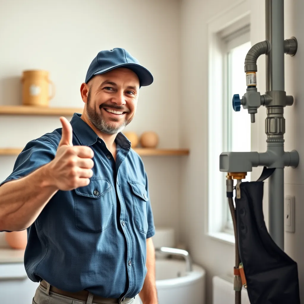 A photorealistic image of a homeowner giving a thumbs up to a happy plumber, highlighting the positive interaction and satisfaction with the repiping service. The image should showcase the company's excellent customer service and high-quality work.