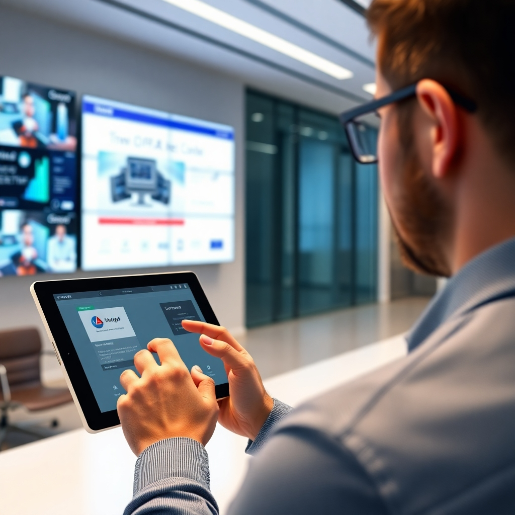 A photorealistic image of a person using a tablet to remotely manage a network of digital displays. The tablet is showing a user-friendly interface with real-time data and control options. The environment is a modern office setting. The lighting is professional and clean, and the composition emphasizes the ease of use and control of the software. Style: Modern, user-friendly, and efficient. Technical specs: 4K resolution, realistic UI elements, high-quality textures.