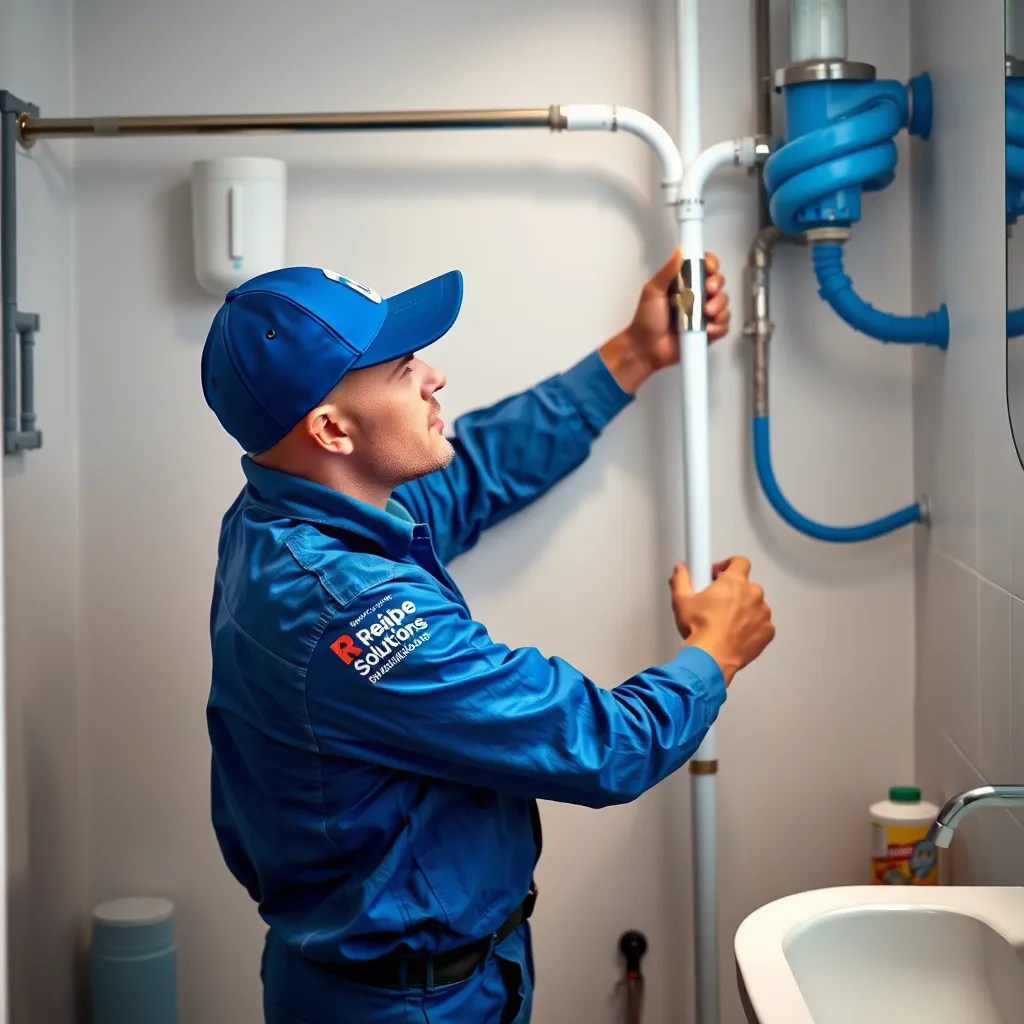A photorealistic image of a plumber installing Uponor PEX pipe in a bathroom, with the surrounding area clean and organized.  The plumber is wearing a blue uniform with a Repipe Solutions logo.  The image should convey a sense of efficiency and professionalism.
