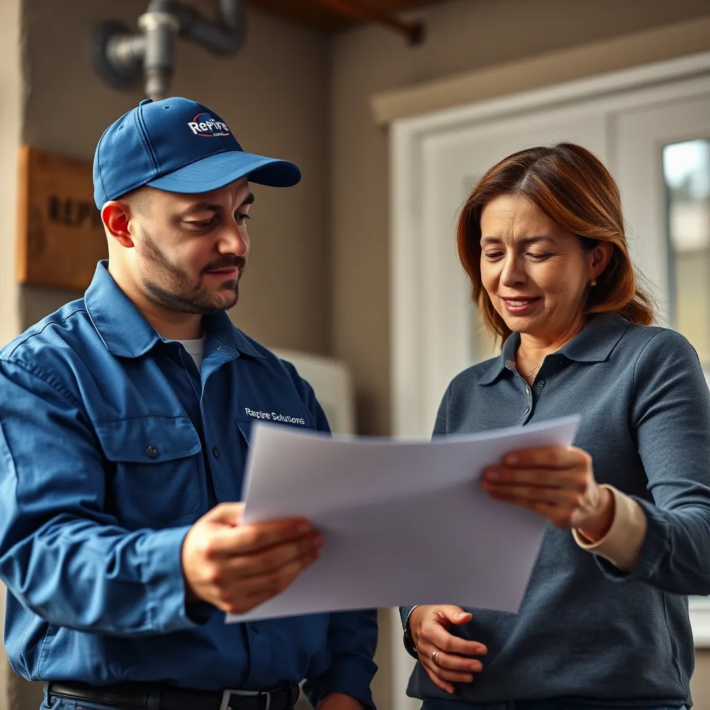 A photorealistic image of a plumber and a homeowner discussing a repiping project. The plumber is wearing a blue uniform with a Repipe Solutions logo. The homeowner is looking at a diagram or plan for the project, with a relaxed and confident expression. The image should convey a sense of trust and collaboration.