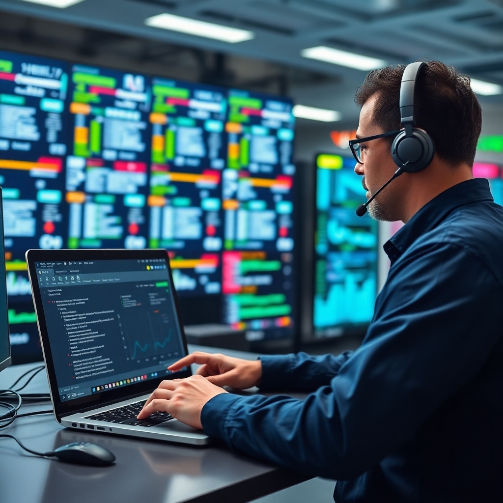 A photorealistic image of a support technician remotely monitoring a digital signage network. The technician is using a laptop with real-time data and alerts. The environment is a modern office setting with a network operations center. The lighting is professional and clean, and the composition emphasizes reliability and responsiveness. Technical specs: 4K resolution, realistic UI elements, professional lighting.
