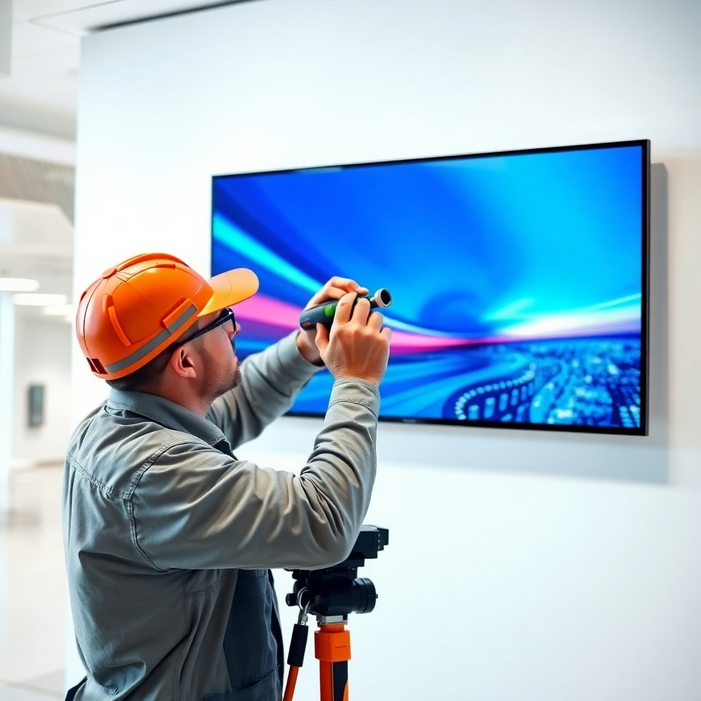 A photorealistic image of a technician professionally installing a large digital display on a wall. The environment is a modern office building. The lighting is bright and clean, and the composition emphasizes the precision and expertise of the installation process. The technician is using professional tools and equipment. Technical specs: 4K resolution, realistic textures, professional lighting.