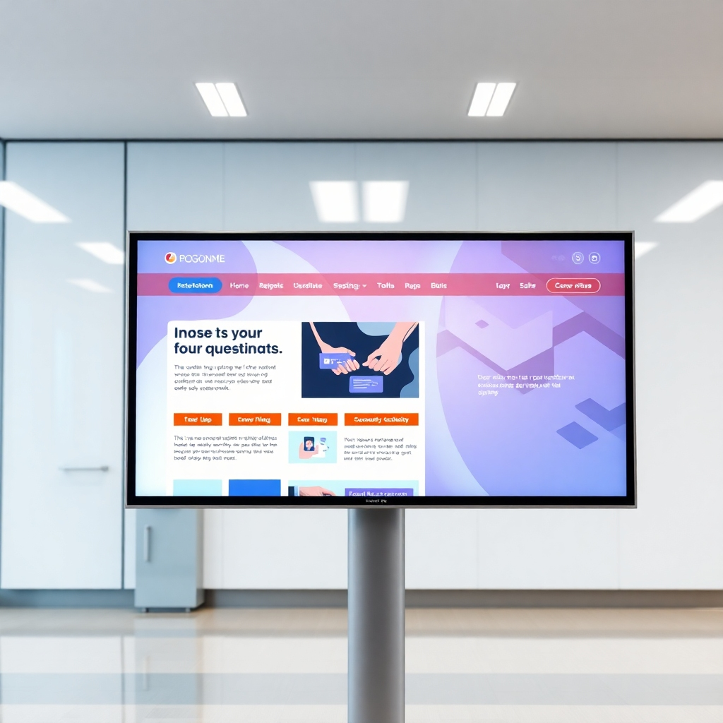 A photorealistic image of a website interface seamlessly integrated with a digital signage display. The website and display should feature the same branding and messaging. The lighting should be professional and consistent, creating a sense of harmony and integration. The background should be a clean, modern office environment.