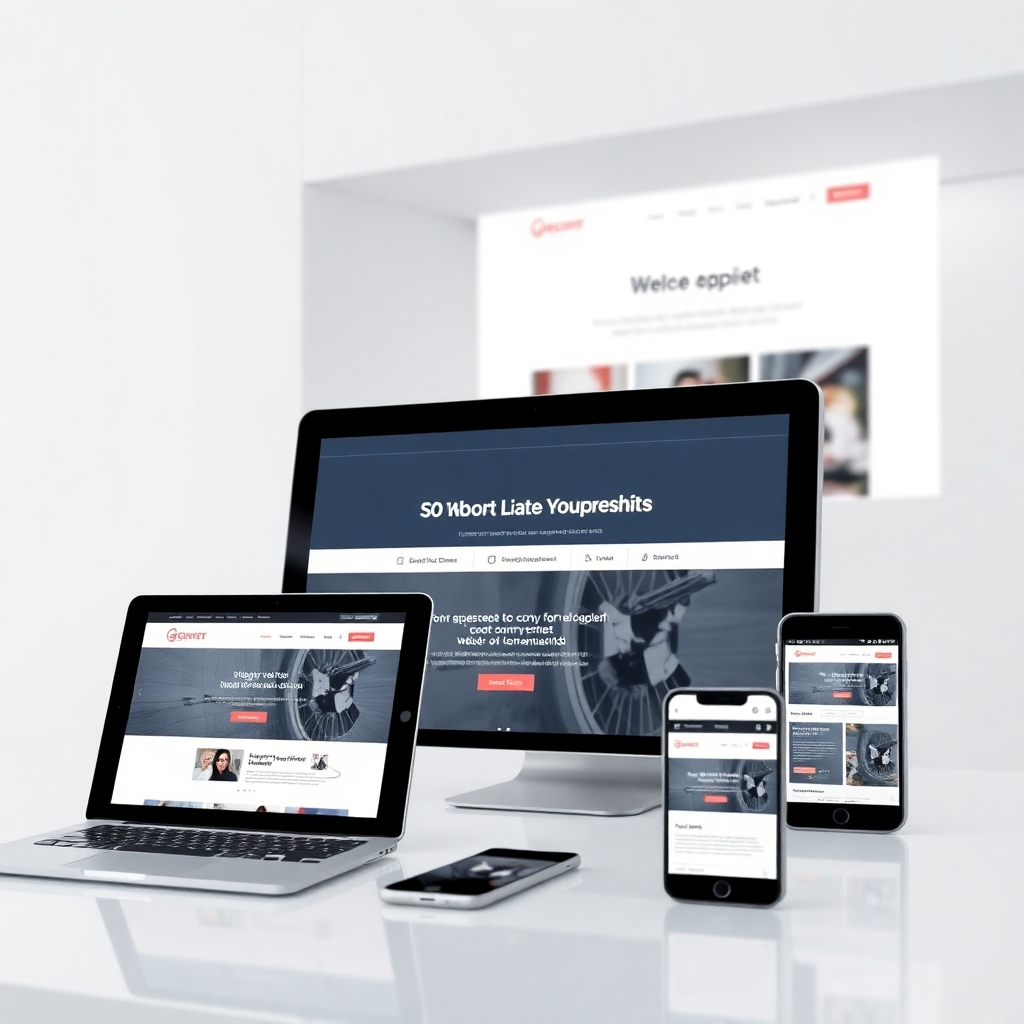 A photorealistic image of a website being displayed on a variety of devices, including desktops, tablets, and smartphones. The website should be responsive and adapt seamlessly to different screen sizes. The lighting should be professional and consistent, highlighting the versatility and accessibility of the website. The background should be a clean, modern environment.