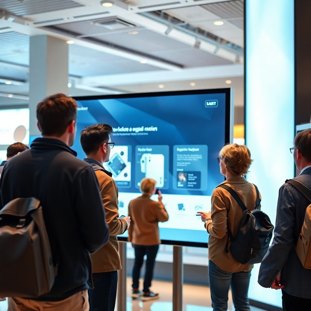 A photorealistic image of people interacting with a large, interactive digital display in a modern retail environment. The display is showing a product demonstration. The lighting is bright and inviting, and the composition emphasizes the ease of use and engagement of the technology. Style: Modern, clean, and inviting. Technical specs: 4K resolution, high-quality textures, realistic lighting.