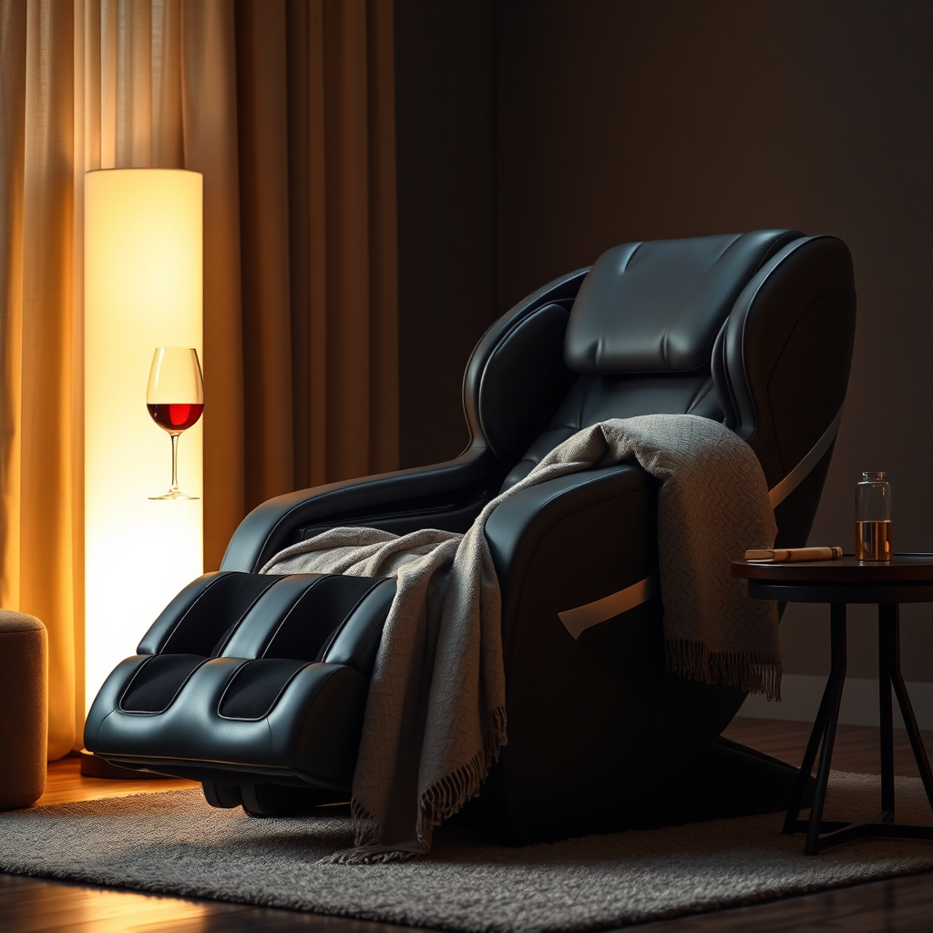 A photorealistic image of the massage chair with a glass of wine and a soft blanket draped over it, in a dimly lit room. The scene should evoke a sense of luxury and relaxation. Use warm, inviting colors and soft lighting.