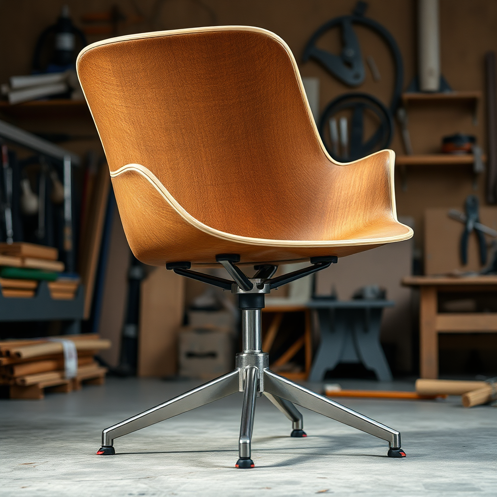 A photorealistic image showcasing the chair's frame and construction. Focus on the sturdy metal base and the elegant lines of the design. The background should be a workshop setting with tools and materials, subtly suggesting craftsmanship and quality.