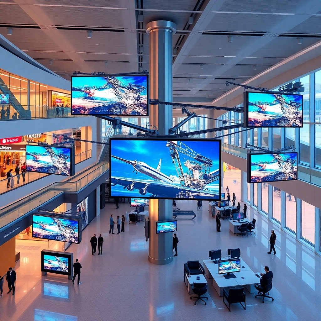 A photorealistic rendering showcasing a network of digital displays deployed across various locations, such as a shopping mall, airport, and corporate office. The displays are seamlessly integrated into each environment. The color palette is consistent, with a modern and professional aesthetic. The composition should emphasize the scalability and reach of NexSign Studio's solutions. Technical specs: 4K resolution, realistic environments, high-quality textures.