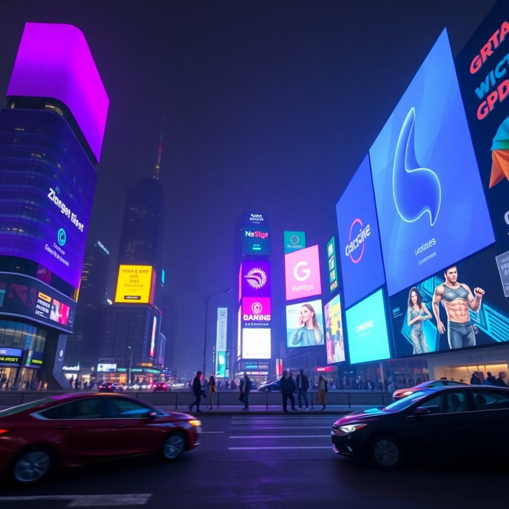 A photorealistic, ultra-high quality 8K header image depicting the power and innovation of NexSign Studios. The scene showcases a sleek, modern cityscape at night, illuminated by vibrant digital signage displays showcasing various dynamic content - from captivating brand logos to engaging interactive experiences. The composition should be a wide-angle shot, capturing the grandeur of the city skyline. The lighting should be dramatic, with the signage displays casting a warm, inviting glow against the cool, dark tones of the night. A gradient purple/cyan color palette should be subtly integrated into the signage and the overall ambiance. The camera angle should be slightly low, emphasizing the height and scale of the digital displays. Textures should be highly detailed, highlighting the smooth, reflective surfaces of the displays and the intricate details of the cityscape. Include subtle elements of movement, like a blurred car passing by or a gentle flicker in the signage. This image should evoke a sense of cutting-edge technology, creativity, and forward-thinking digital marketing, inspired by the visual style of modern tech companies and digital art installations.