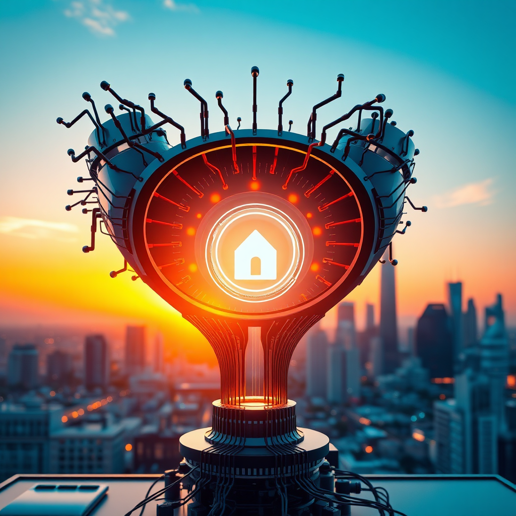 A photorealistic, ultra-high quality hero image representing 'AI BUSINESS STARTER'. The scene depicts a futuristic cityscape bathed in the warm glow of a sunrise. In the foreground, a stylized funnel made of interconnected circuits channels data streams into a glowing business icon. The color palette is dominated by blues and oranges, creating a sense of energy and innovation. The camera angle is a low angle, emphasizing the scale and ambition. Texture details should include shimmering light reflections on the circuits and a subtle haze in the city background. Relevant props include digital dashboards and holographic projections. Style reference: a blend of minimalist tech aesthetics and corporate professionalism. Technical specs: 8K resolution, hyperrealistic rendering with ray tracing.