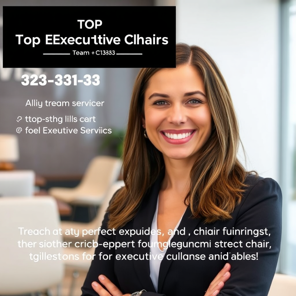 A professional, friendly image featuring a team member from Top Executive Chairs. The team member should be smiling and approachable, creating a sense of trust and expertise. The background should be a modern office setting, with the company logo and contact information prominently displayed. The image should convey a message of personalized customer service and support, encouraging potential customers to reach out with any questions or concerns and highlighting the company's commitment to providing expert guidance and assistance in finding the perfect executive massage chair.