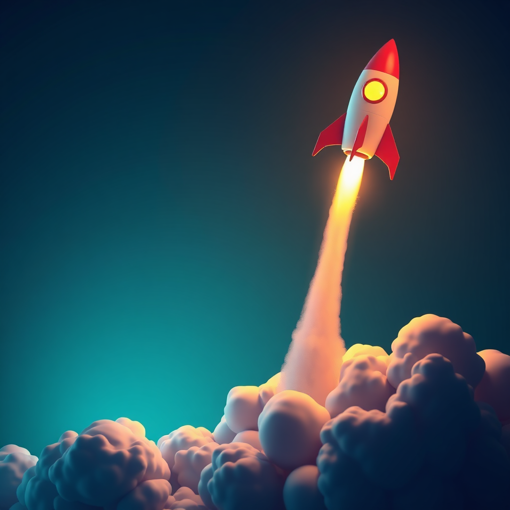 A rocket taking off, symbolizing the launch of a new business. Use a dramatic lighting and vibrant colors to convey excitement. 4K resolution, stylized rendering.