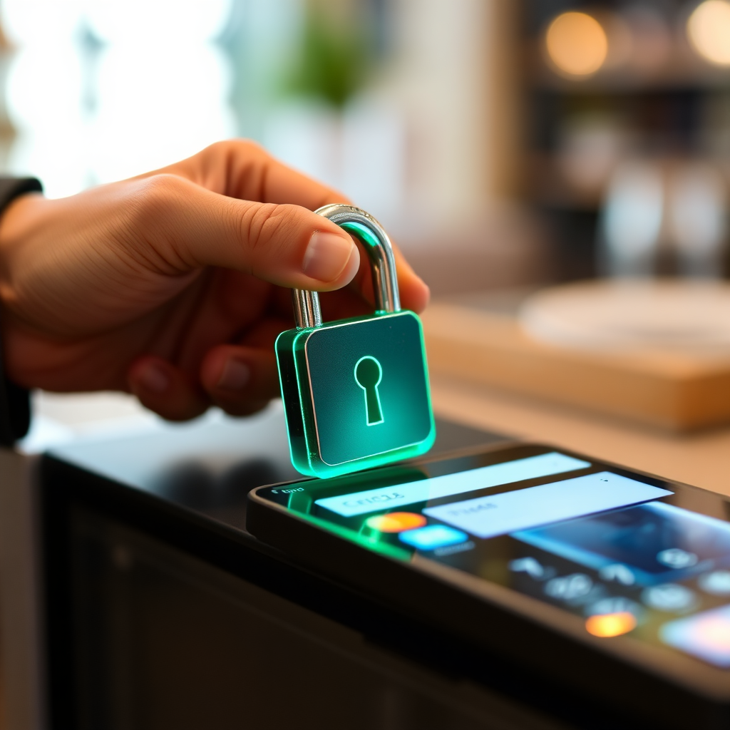 A secure digital lock protecting payment information during a transaction. Style: Trusted and reliable.