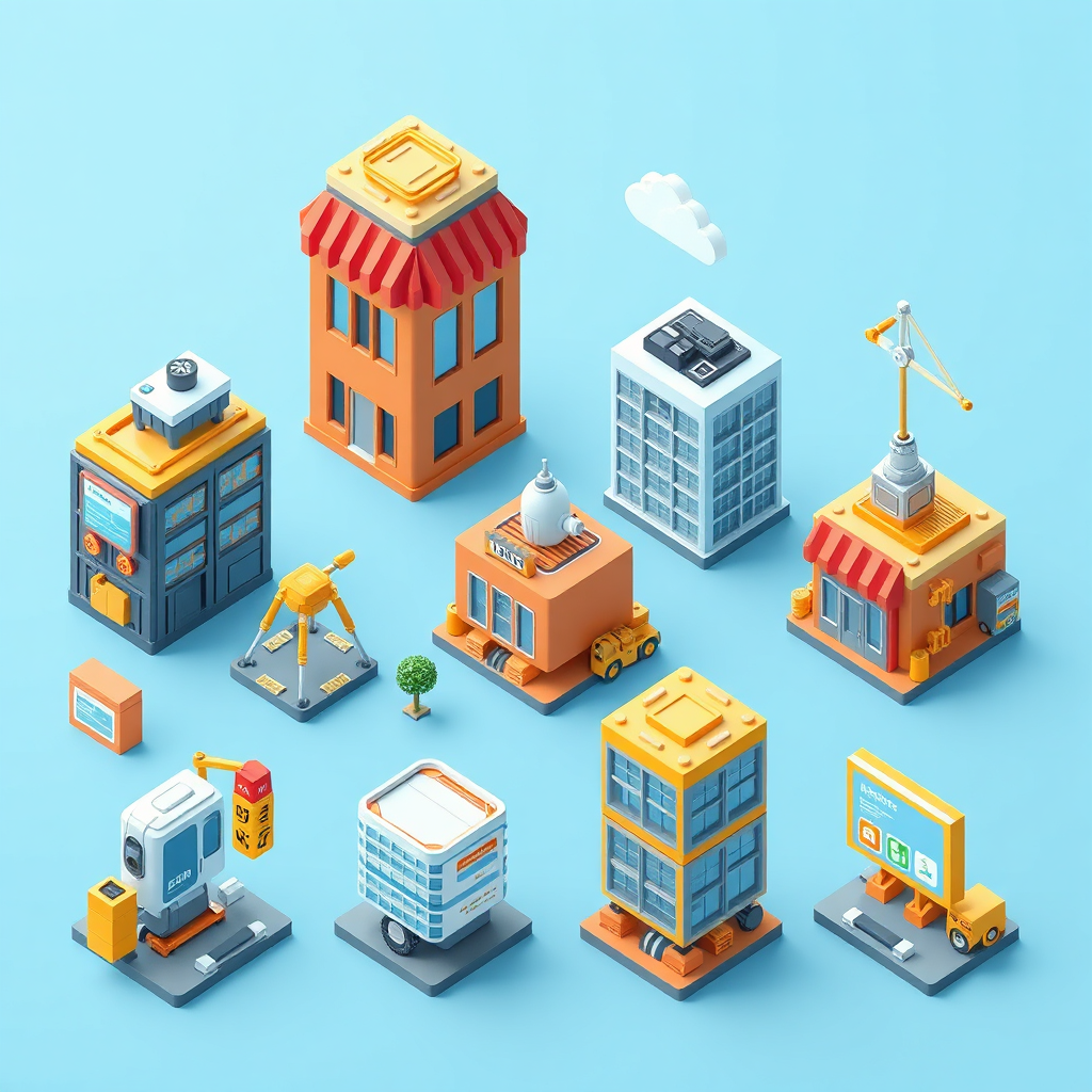 A set of customizable building blocks with various AI business components. Use a flexible and modular design. 4K resolution, stylized rendering.