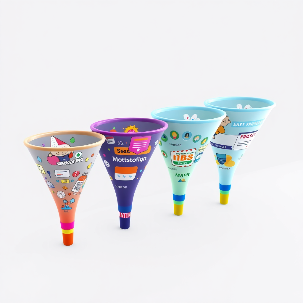 A set of pre-designed funnels lined up in a row, each filled with various marketing elements. Use vibrant colors and a clean layout. 4K resolution, stylized rendering.