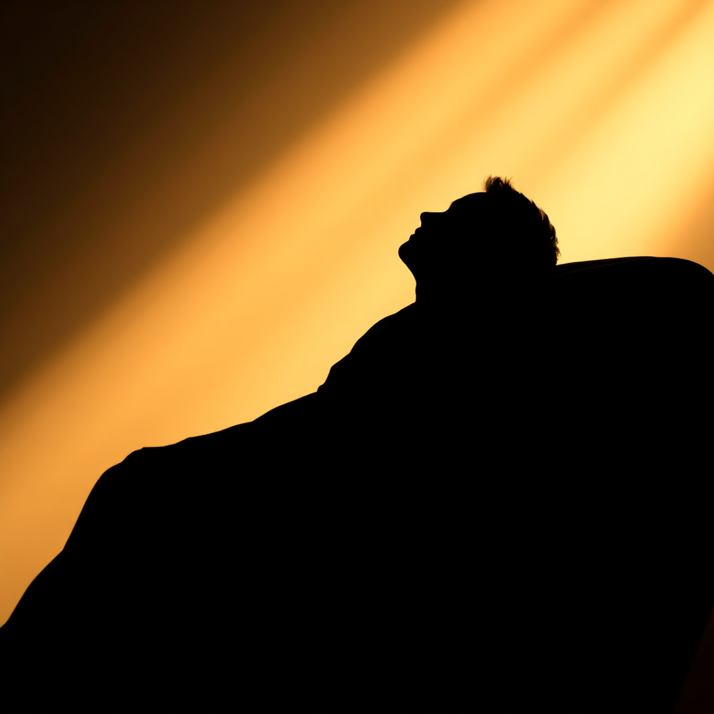 A silhouette image of a person completely relaxed in the massage chair, surrounded by a soft, glowing light. Use a minimalist style to evoke a sense of calm and serenity.