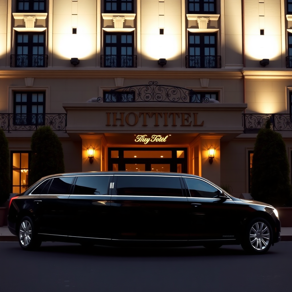 A sleek, black limousine parked in front of a grand hotel with a spotlight shining on it. Emphasize the elegance and sophistication of the vehicle and the target audience. Use a luxurious color palette.