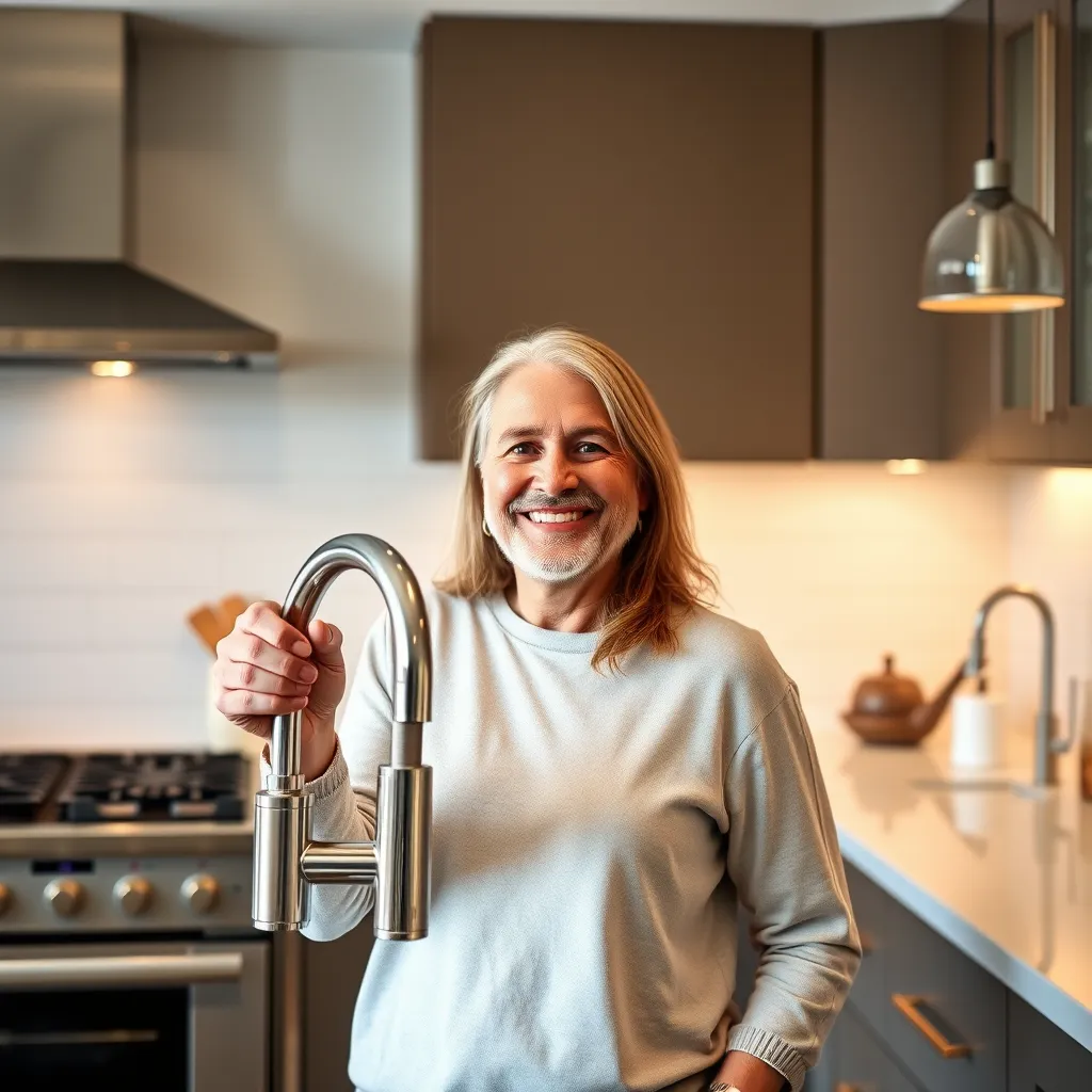 A smiling homeowner standing in their newly repiped kitchen, holding a gleaming, modern faucet. The homeowner is surrounded by clean, well-maintained appliances and countertops, showcasing the finished product. The background features a well-lit, stylish kitchen with a warm and inviting feel. 