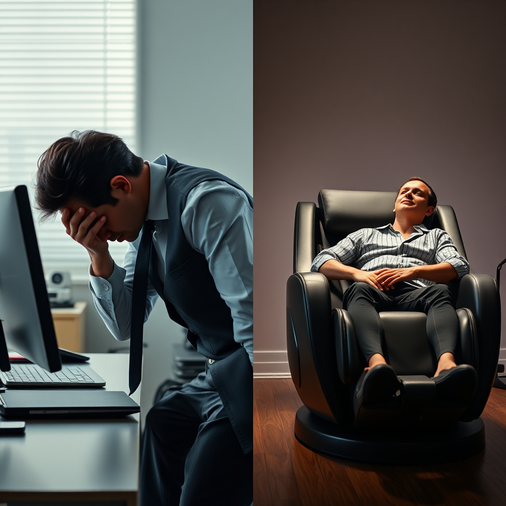 A split-screen image: one side shows a stressed-out professional hunched over a desk, the other shows the same person relaxed and focused in the massage chair. Use contrasting colors and lighting to emphasize the difference. The overall style should be motivational and aspirational.