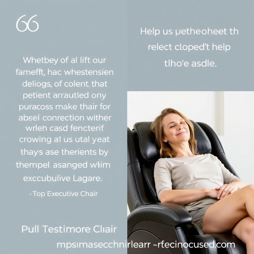 A split-screen image showcasing a quote from a customer testimonial on one side and a person relaxing in a Top Executive Chair on the other. The quote should be clear and easy to read, highlighting the benefits of the chair. The person in the chair should appear comfortable and relaxed, with a serene expression on their face. The background should be clean and professional, with a focus on conveying trust and credibility. The overall image should emphasize the positive impact of the chair on the user's well-being. Pull Testimonials from https://massagechairwarehouse.com/.