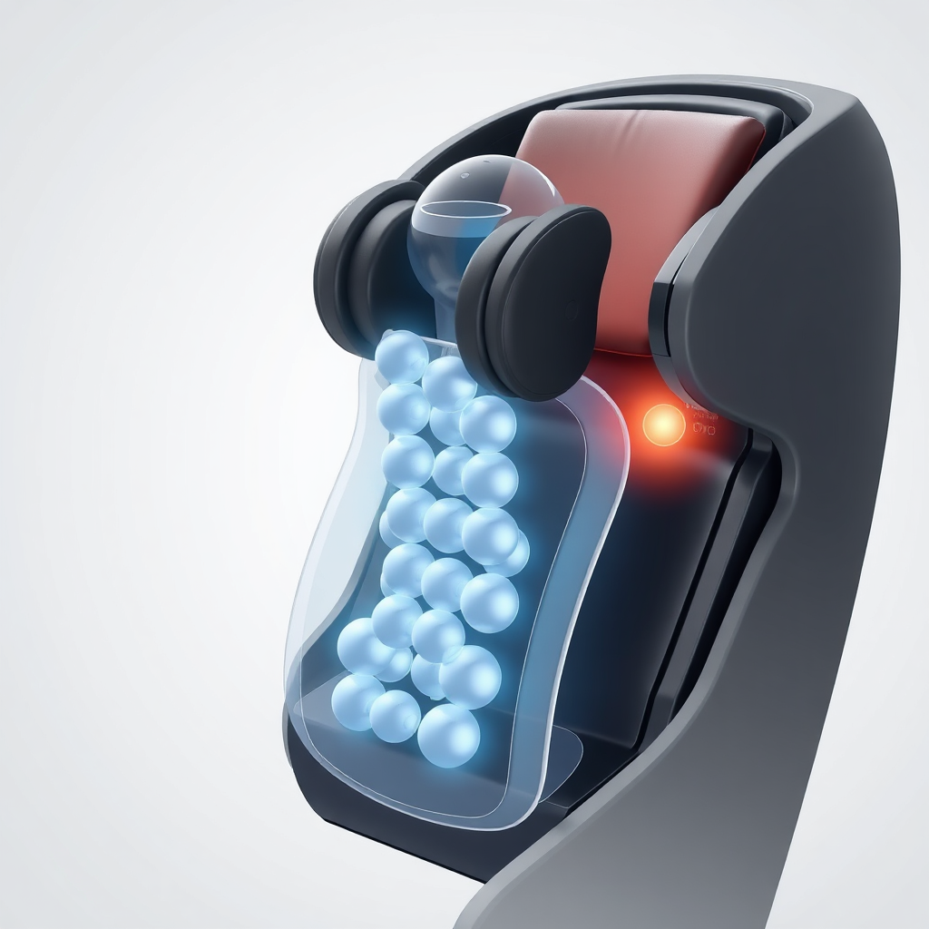 A stylized 3D rendering showcasing the internal massage mechanisms of the chair. Use translucent materials to reveal the rollers and airbags working in harmony. Highlight the targeted zones (neck, back, lumbar) with subtle glows. The background should be a clean, modern gradient.