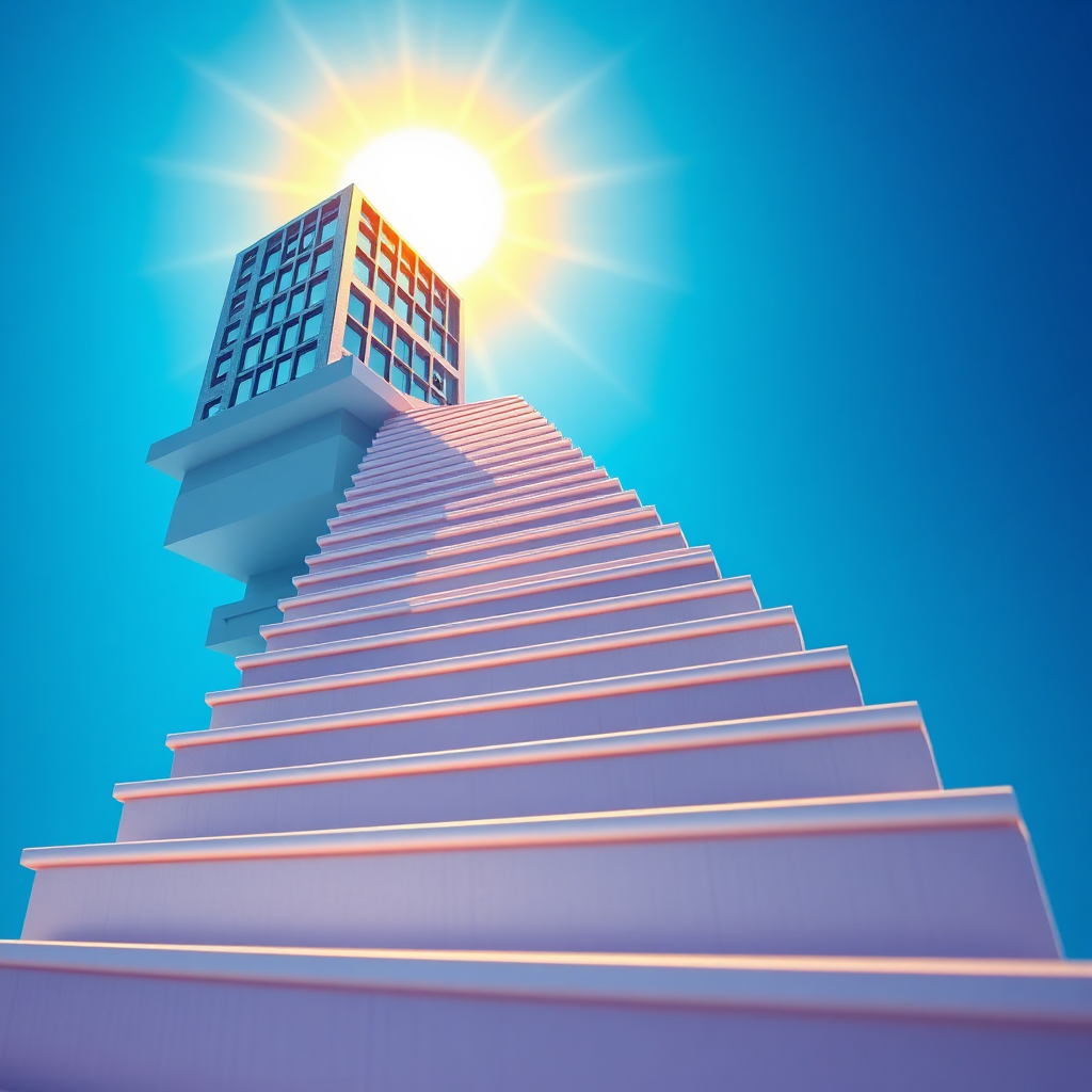 A stylized 4k image showcasing a website climbing a staircase made of search engine results pages (SERPs). The website is represented by a vibrant, modern metal building design, and the staircase is made of layered SERPs. The top of the staircase leads to a bright, glowing sun representing top search engine rankings. The color palette should be vibrant and optimistic, with a focus on blues, greens, and yellows. The camera angle should be a low-angle shot, emphasizing the website's ascent. The overall texture should be smooth and polished, conveying a sense of progress and achievement.