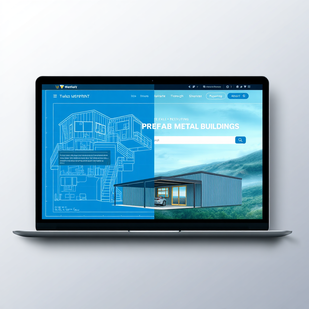 A stylized 4k image showcasing a digital blueprint transforming into a fully realized website design featuring prefab metal buildings. The transition should be seamless and visually engaging, highlighting the customization process. The color palette should be dynamic and modern, with a focus on blues, greens, and grays. The camera angle should be a medium shot, capturing the transformation in detail. The overall texture should be smooth and polished, conveying a sense of technological precision and creative design.