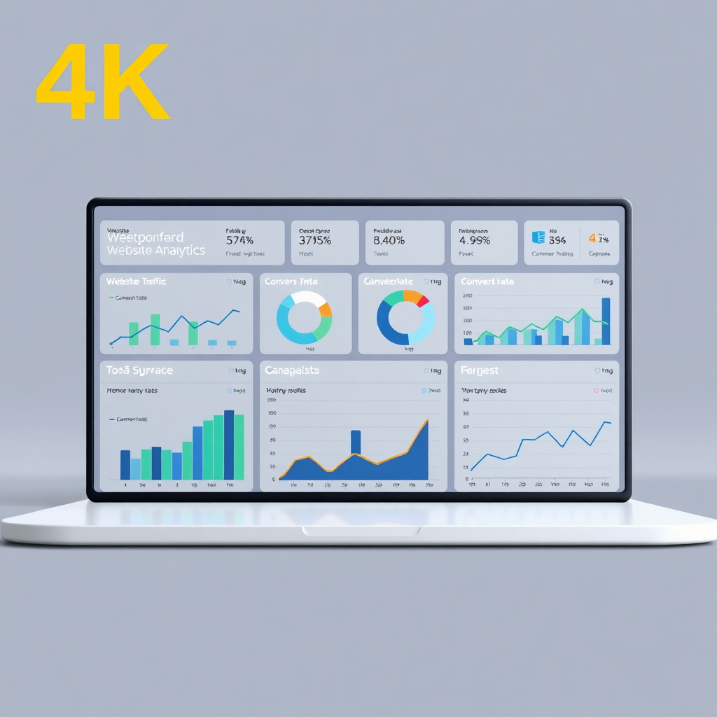 A stylized 4k image showcasing a dashboard with various charts and graphs representing website analytics. The dashboard should display key metrics such as website traffic, bounce rate, conversion rates, and customer demographics. The background should be a clean, minimalist design. The color palette should be professional and informative, with a focus on blues, greens, and grays. The camera angle should be a medium shot, capturing the entire dashboard and its key metrics. The overall texture should be smooth and polished, conveying a sense of data-driven decision-making and business intelligence.